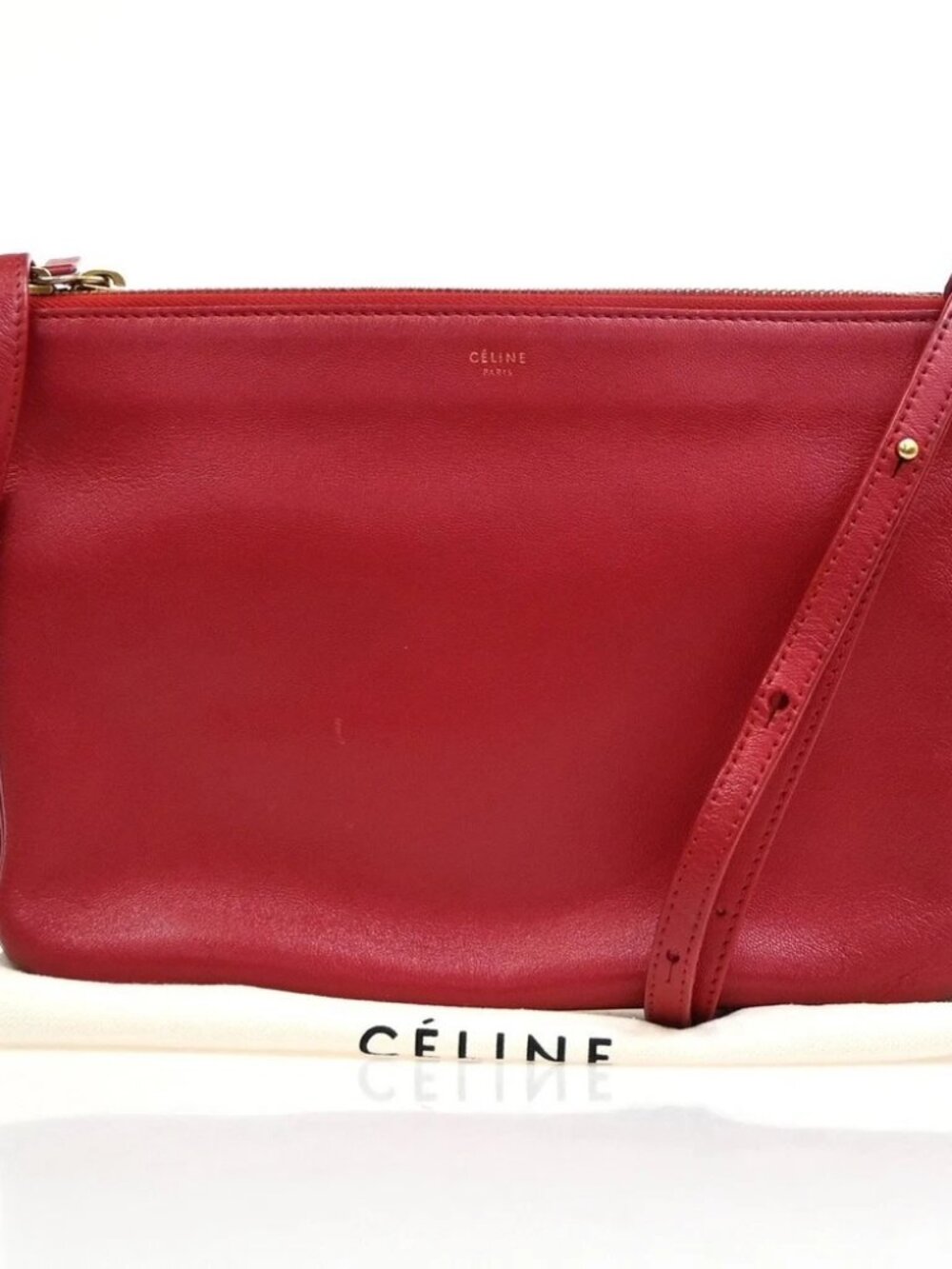 CELINE Logo Trio Small Crossbody Shoulder Bag Leather Red Italy GHW 32KP619